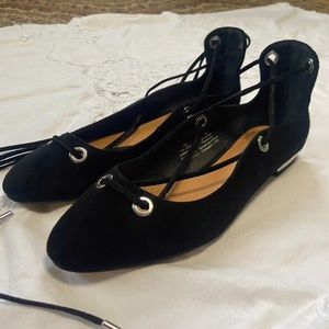Halogen suede leather lace up tie double strap black and silver ballet flats